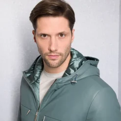 Outlet Calfskin Leather Hooded Blouson Mens Outerwear