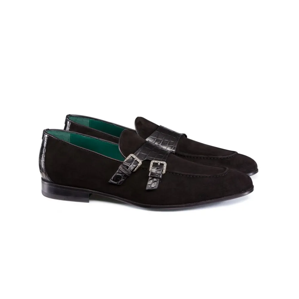 Clearance Crocodile And Suede Monk Strap Shoes Loafers