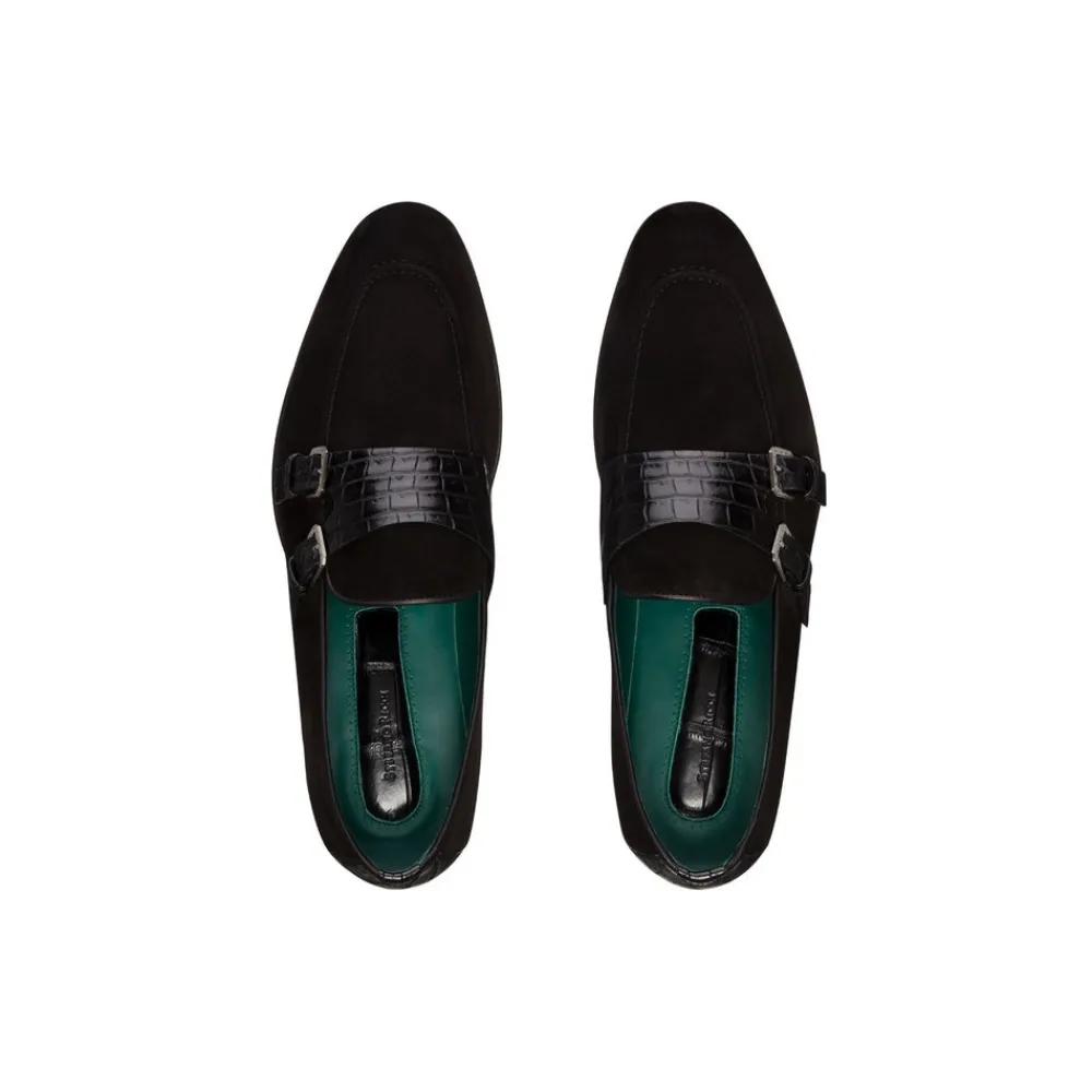 Clearance Crocodile And Suede Monk Strap Shoes Loafers