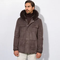 Cheap Hooded Coat With Fox Fur Trim Mens Outerwear