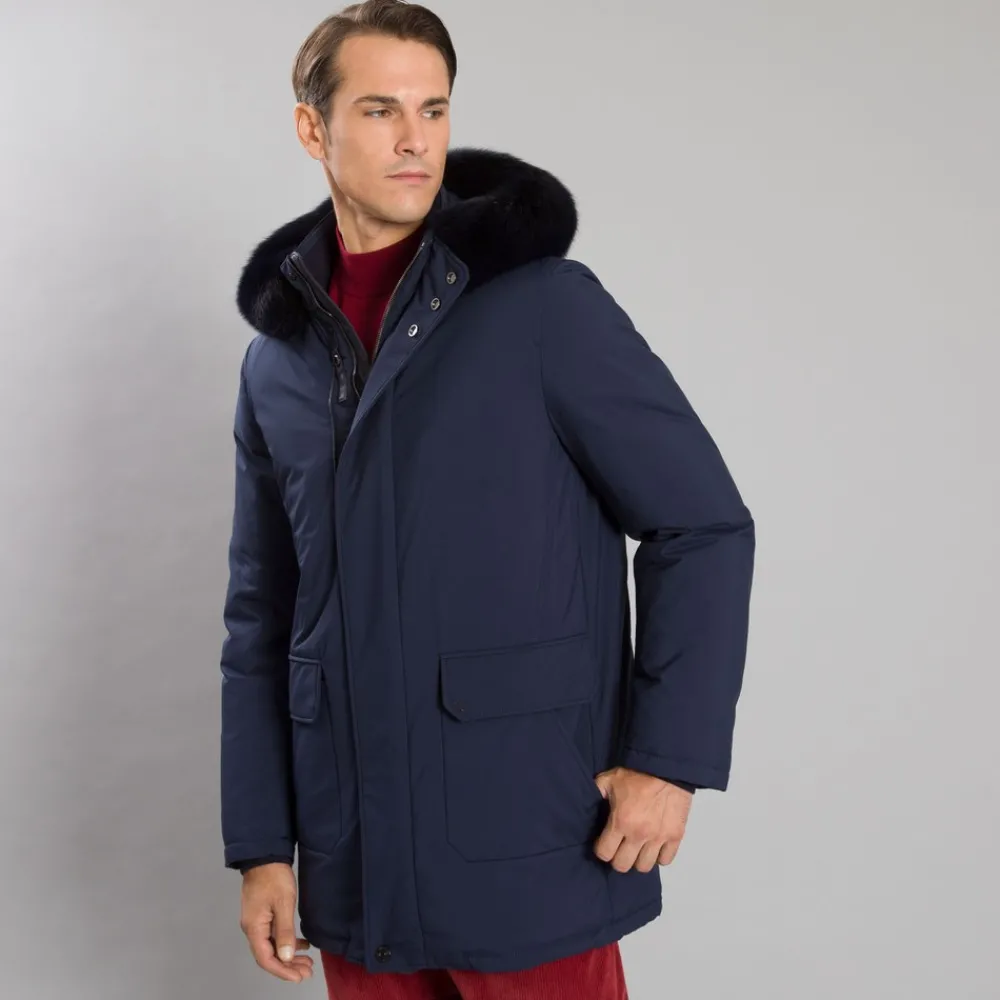 Cheap Hooded Down Jacket With Fox Fur Trim Mens Outerwear