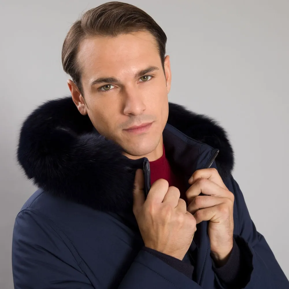 Cheap Hooded Down Jacket With Fox Fur Trim Mens Outerwear