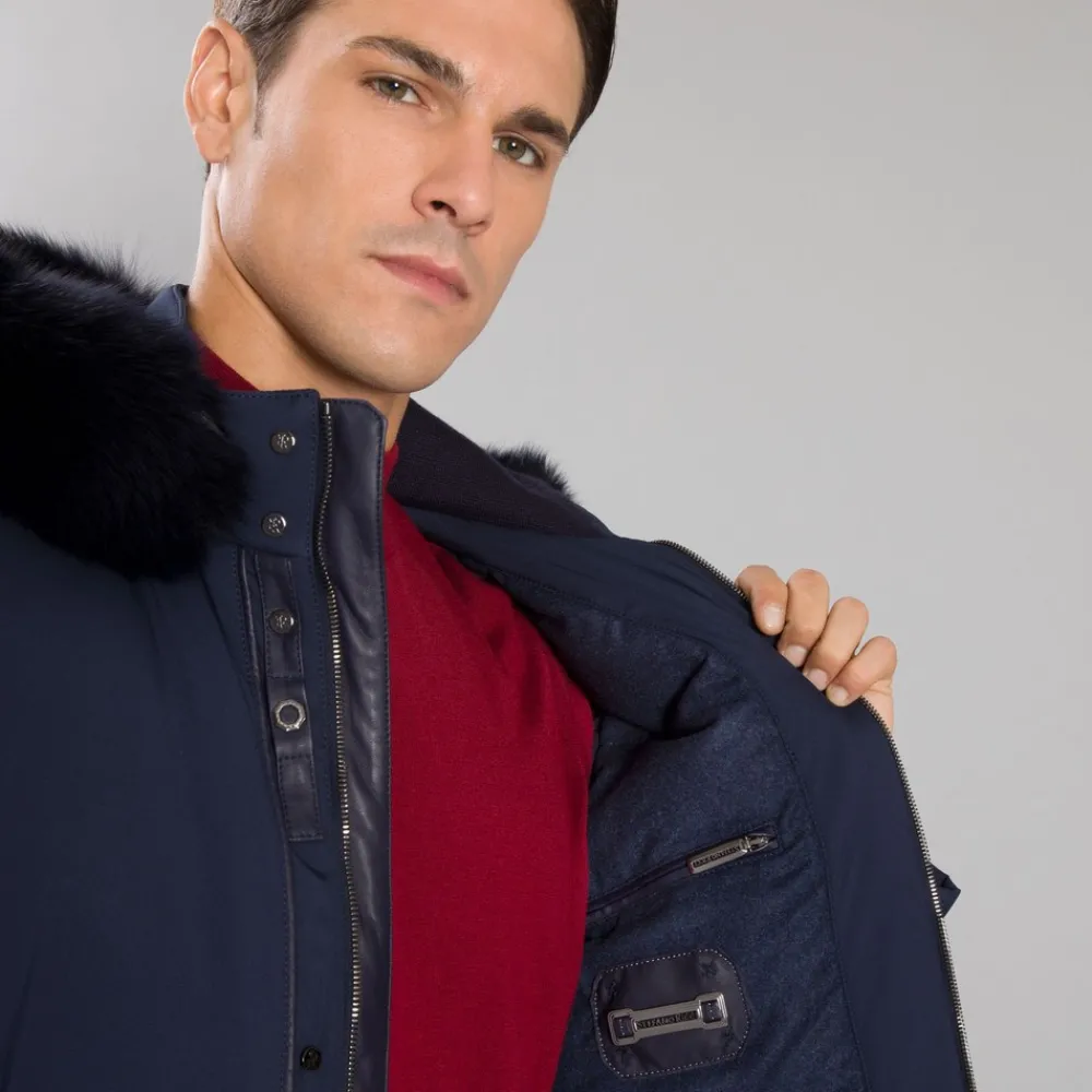 Cheap Hooded Down Jacket With Fox Fur Trim Mens Outerwear