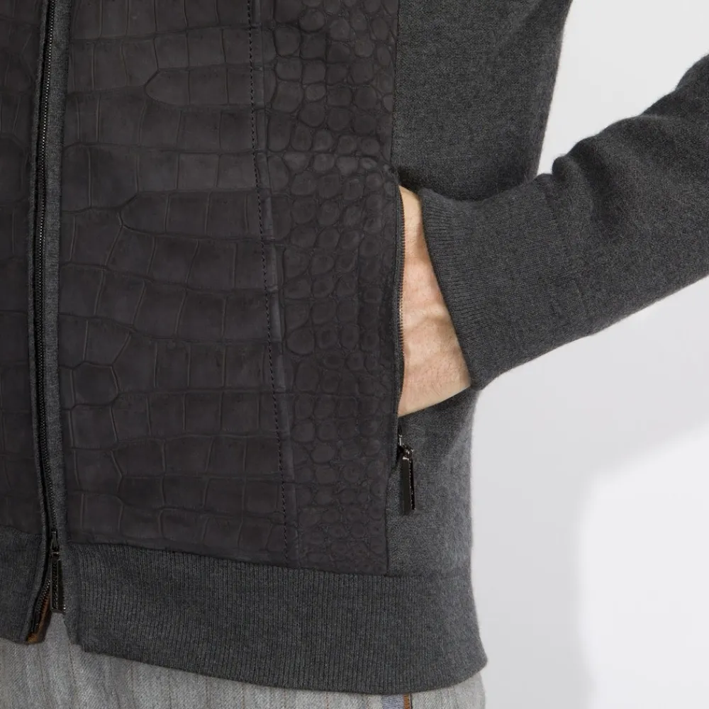New Knit Blouson With Crocodile Leather Inserts Mens Knitwear