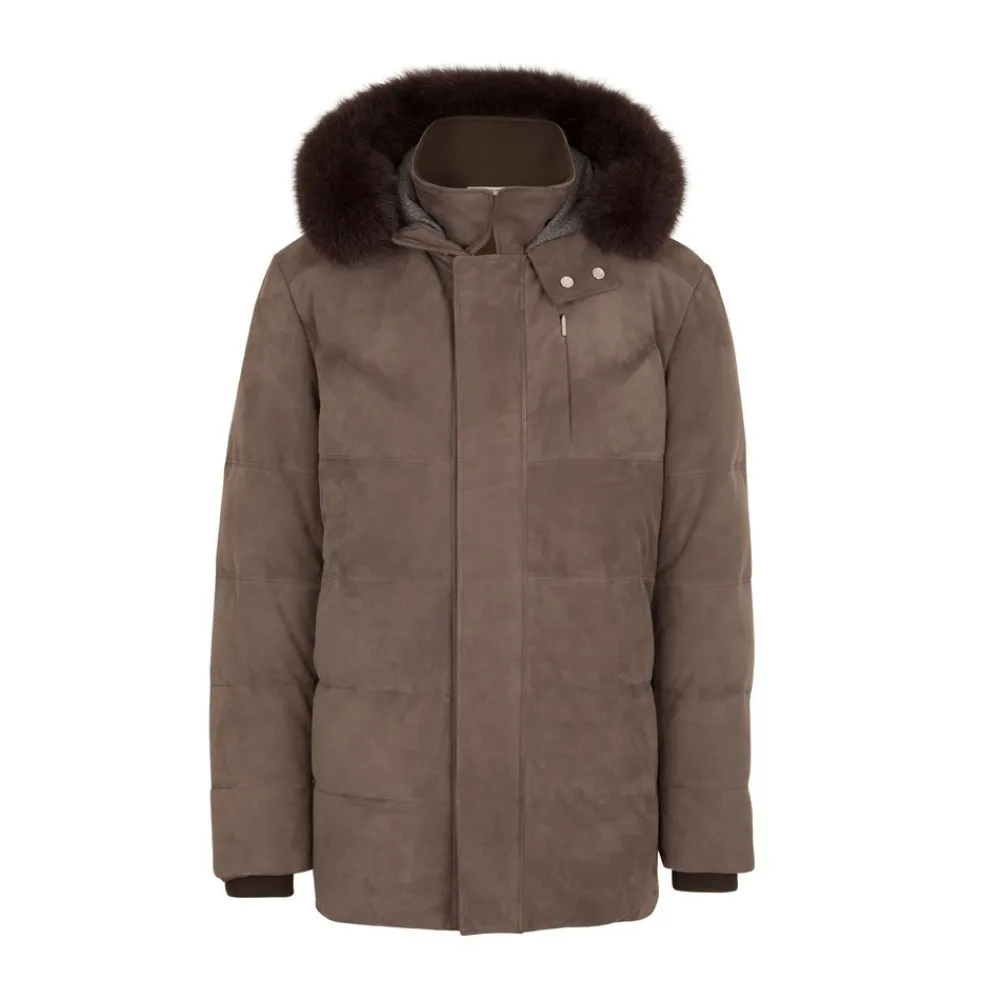 Cheap Nubuck Padded Jacket With Fox Fur Hood Mens Outerwear