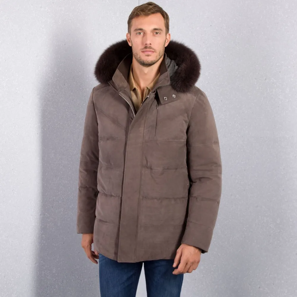 Cheap Nubuck Padded Jacket With Fox Fur Hood Mens Outerwear