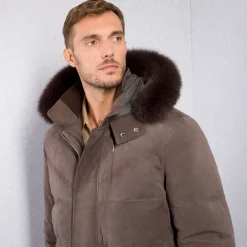 Cheap Nubuck Padded Jacket With Fox Fur Hood Mens Outerwear