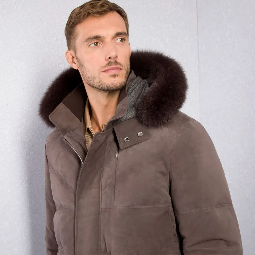 Cheap Nubuck Padded Jacket With Fox Fur Hood Mens Outerwear