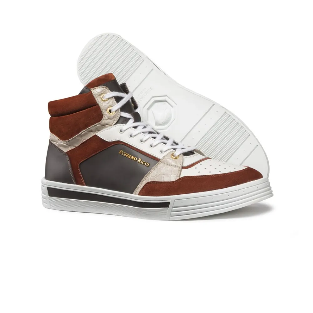 Fashion Suede, Calfskin And Crocodile Leather High Top Sneakers Boots